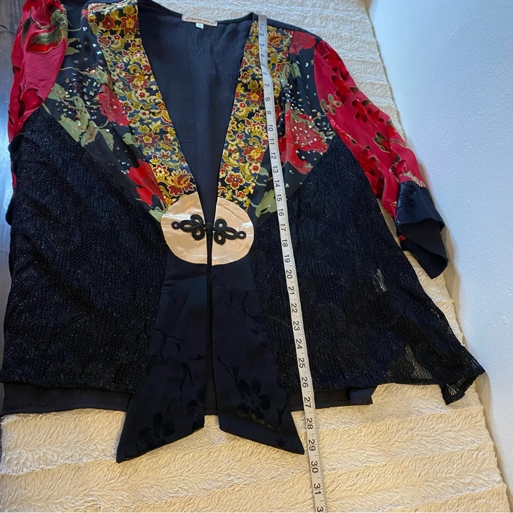 Spencer Alexis Red Black Floral Sheer Sleeve Velvet Detail Kimono Lace Size 2X - Picture 10 of 13